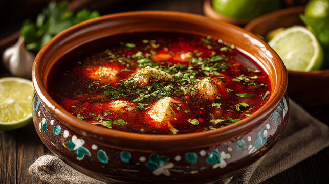 Traditional Mexican menudo soup with tripe and red chili broth, served hot with lime and oregano