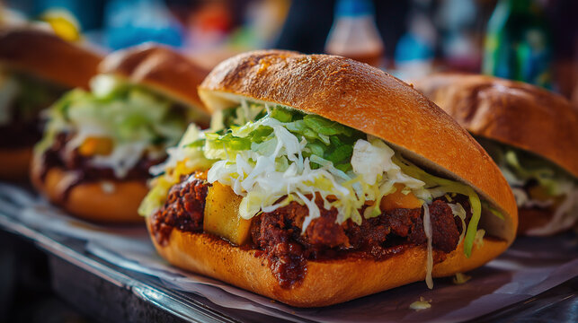 Traditional Mexican pambazo sandwich dipped in chili sauce, filled with potatoes and chorizo, topped with lettuce and cheese