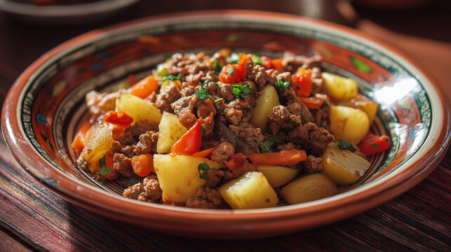 Traditional Mexican picadillo with seasoned ground beef, potatoes, and vegetables, served warm on ceramic plate