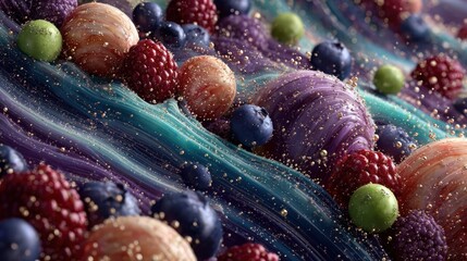 Colorful layered planet with fruit and orbs creating abstract cosmic scene for summer food concepts and microstock images. high quality realistic photo