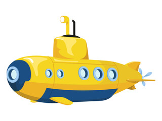 Cartoon-style yellow submarine with blue windows and accents, isolated on white background. Concept of underwater exploration. Vector illustration
