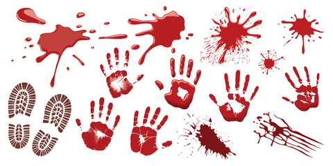 Realistic Blood Splatters and Smears Vector Illustration with Dripping Streaks, Scratches, Handprints, Liquid Flows, and Scattered Drops on White Background