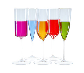 Set of various glasses filled with color cocktails. 3d illustration isolated on white