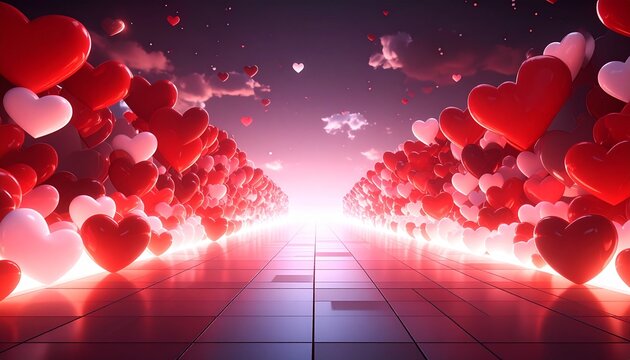 Escena surrealista con corazones rojos y blancos flotando entre paredes rocosas, iluminados por un suelo brillante y un cielo al atardecer, creando un ambiente rom&aacute;ntico y m&aacute;gico.