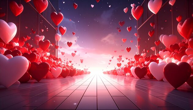 Escena surrealista con corazones rojos y blancos flotando entre paredes rocosas, iluminados por un suelo brillante y un cielo al atardecer, creando un ambiente rom&aacute;ntico y m&aacute;gico.