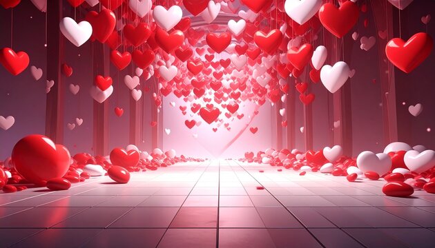 Escena surrealista con corazones rojos y blancos flotando entre paredes rocosas, iluminados por un suelo brillante y un cielo al atardecer, creando un ambiente rom&aacute;ntico y m&aacute;gico.