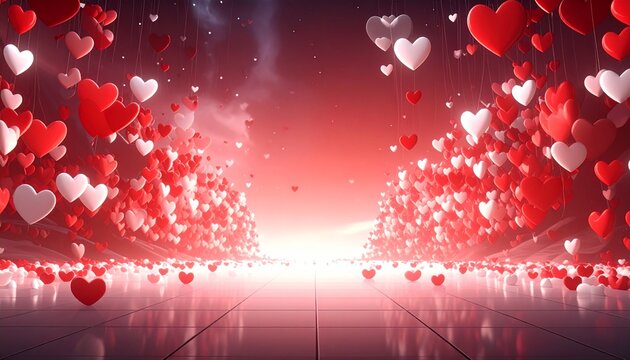 Escena surrealista con corazones rojos y blancos flotando entre paredes rocosas, iluminados por un suelo brillante y un cielo al atardecer, creando un ambiente rom&aacute;ntico y m&aacute;gico.