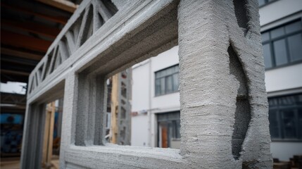 Medium view of composite 3D printed house walls being assembled highlighting the blend of materials that enhance energy efficiency and structural integrity.