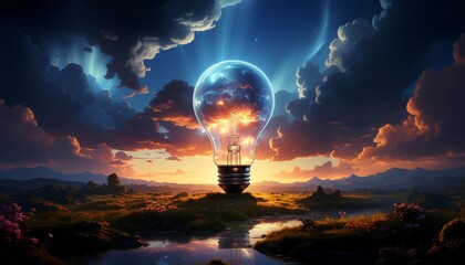 Giant glowing lightbulb symbolizes cosmic idea over dramatic sunset landscape