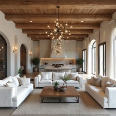 Modern open plan living space with white sofas, wood beams, and island kitchen. Contemporary chandelier lighting illuminates a cozy and spacious home interior design.