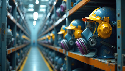 Fototapeta premium Row of safety respirators and hard hats stored on industrial shelves. Personal protective equipment hangs in a clean storage facility ready for use.
