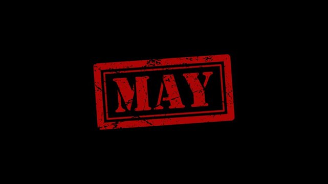 Grunge Red May Stamp Animation with Rough Texture and Vintage Rubber Effect on Transparent Background with Alpha Channel for Calendar Projects Timelines Promos Motion Graphics and Video Overlays