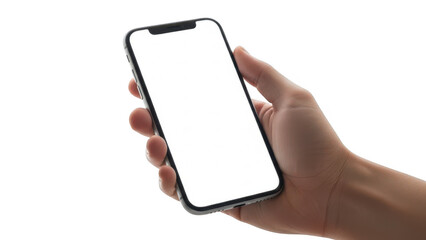 Hand holding smartphone with blank white screen