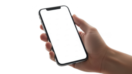 Hand holding smartphone with blank white screen