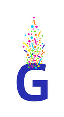 typography New Year's alphabet on a white background. Dynamic geometric, dark blue letter "G". Festive celebration feel.	