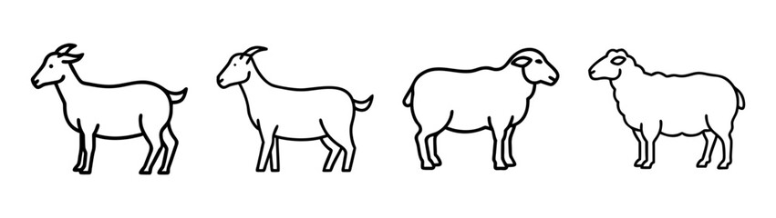Simple line art illustrations of four domestic farm animals, two goats and two sheep