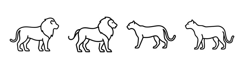 Set of four large cat outlines featuring two male lions and two lionesses side by side