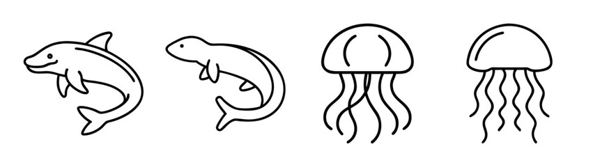 Simple line art illustrations of aquatic creatures set on a white background