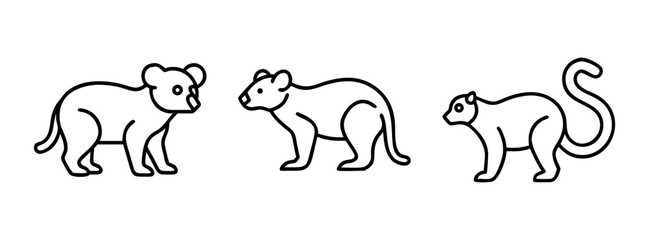 Minimalist line art set of three australian marsupials including a koala, quokka, and possum.