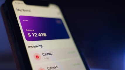 The amount on the balance of the electronic wallet increases. Money coming from the casino. Fake mobile application mockup without copyright