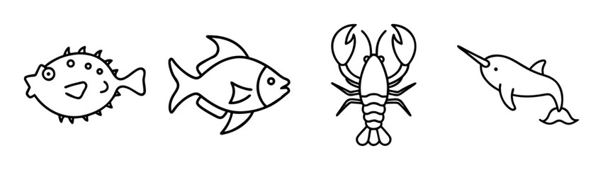 Four simple outline drawings of marine animals including pufferfish, lobster, and narwhal