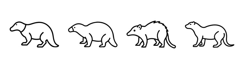 Minimalist line art illustration set featuring various small mammals like a badger and otter