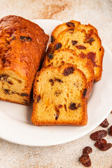 Fruit cake sweet pastry fruitcake dessert dried fruits, nuts traditional baked goods natural product tasty snack fresh delicious gourmet food background on the table rustic top view copy space