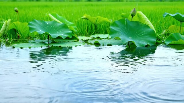 Raindrops falling on green lotus leaves in pond during rainy season