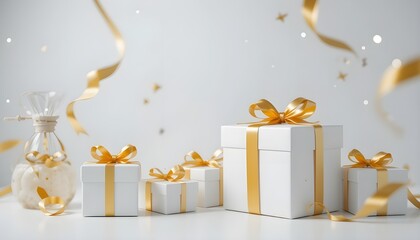 White gift boxes with golden ribbon flying isolated