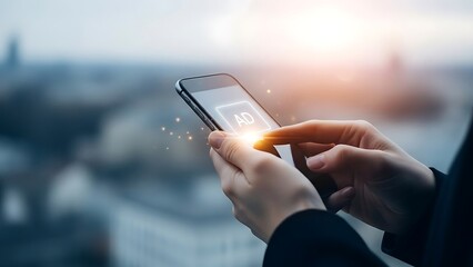 Person holding a smartphone with a bright screen against a blurred city backdrop
