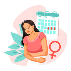 Sad woman holding stomach in pain with menstrual calendar and female gender icon on soft pink background. Concept of period cramps. Vector illustration