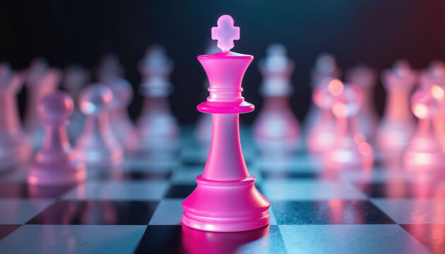 Pink queen chess piece stands out among translucent figures on a board. Strategic game involves planning and decision-making. Abstract modern art render.