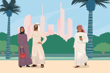 Group of Middle Eastern people in traditional attire in park with palm trees and modern city skyline in background. Urban lifestyle concept. Vector illustration
