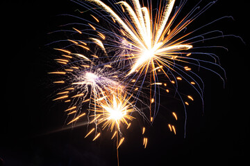 Bright colorful fireworks exploding against a pitch black night sky