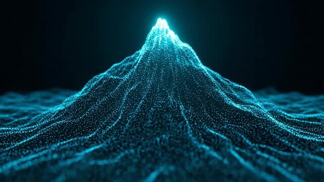 Digital mountain peak formed by glowing particles and abstract landscape data visualization