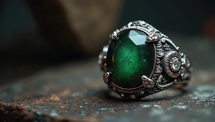 Man wears ornate silver ring with large green bloodstone gem. Stone has tiny red spots. Intricate carvings adorn the band. Masculine accessory looks elegant and bold.