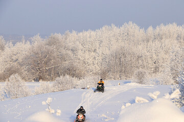 Outdoor winter sports in Russia.In the photo, athletes on snowmobiles ride on snowy off-road, in a wild impassable area.Surrounded by a beautiful winter backdrop with trees covered in frost