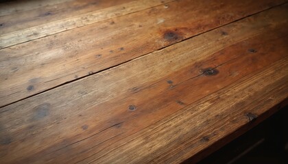 Weathered wooden planks form a rustic kitchen table surface with visible grain and knots. This aged butcher block shows signs of use, offering a warm, natural backdrop for culinary themes.