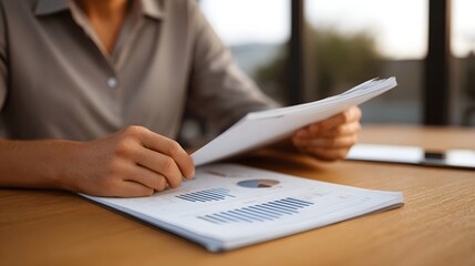 Close up of hands examining a financial report with charts on a desk in soft light