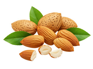 Almonds with leaves and shells closeup on a natural background
