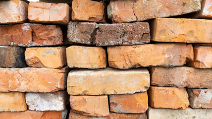 Red old brick wall background, brick wall texture. Stack of old weathered bricks used for construction or recycling.