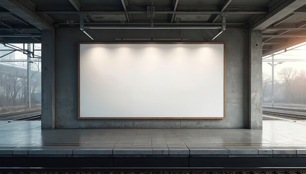 Large blank canvas poster board hangs on concrete wall at train station platform. Empty white screen awaits advertisement or public notice. Space for message.