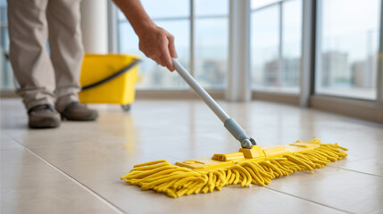 Post-construction cleaner mopping tiled floor. A cleaner mops a tiled kitchen floor, removing grout haze and residue. Natural light highlights clean lines and restored order. Reali