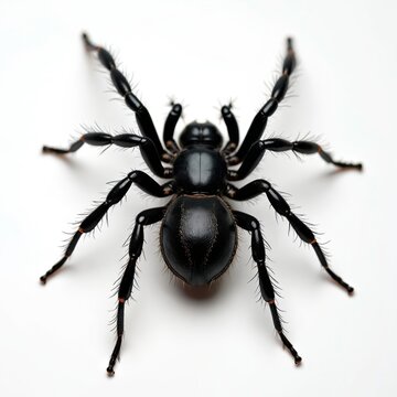Black spider with long legs fills frame on white background. Glossy body, detailed anatomy, creepy arachnid, eight legs, predator, hunt, insect, wildlife macro shot.