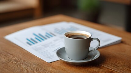 Obraz premium A cup of dark coffee sits on a saucer next to financial charts on a wooden desk illuminated by bright light
