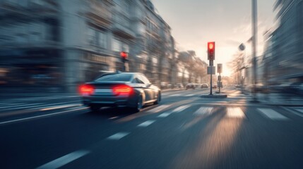 car accelerating smoothly from traffic light, early gear shift concept, calm city street, cinematic lighting, realistic motion, fuel efficiency theme
