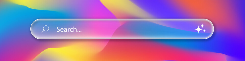 Search bar 3d glassmorphism Internet browser engine on liquid gradient background for UI design, website interface element with web icons and push button