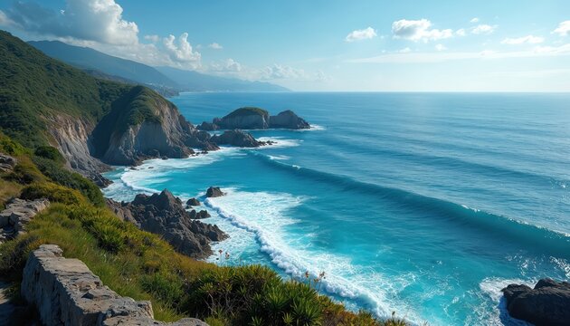 Rugged coastline meets clear blue ocean waves crashing on rocky shores under a bright sunny sky. Lush green hills and mountains ascend from the seaside panorama. - Powered by Adobe