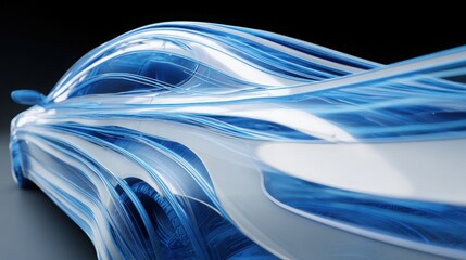 car body airflow visualization, blue and white aerodynamic streams flowing smoothly around vehicle, wind tunnel style, clean background, technical