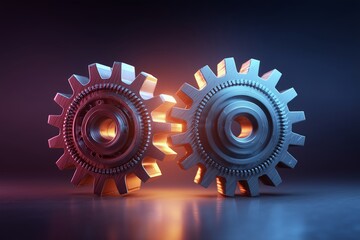 High-Quality Metallic Gears Interconnected with Soft Glowing Lights Representing Mechanical Engineering and Precision Technology Innovations